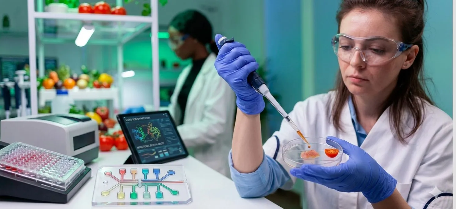 Investigadora en laboratorio examinando una fresa con pinza
