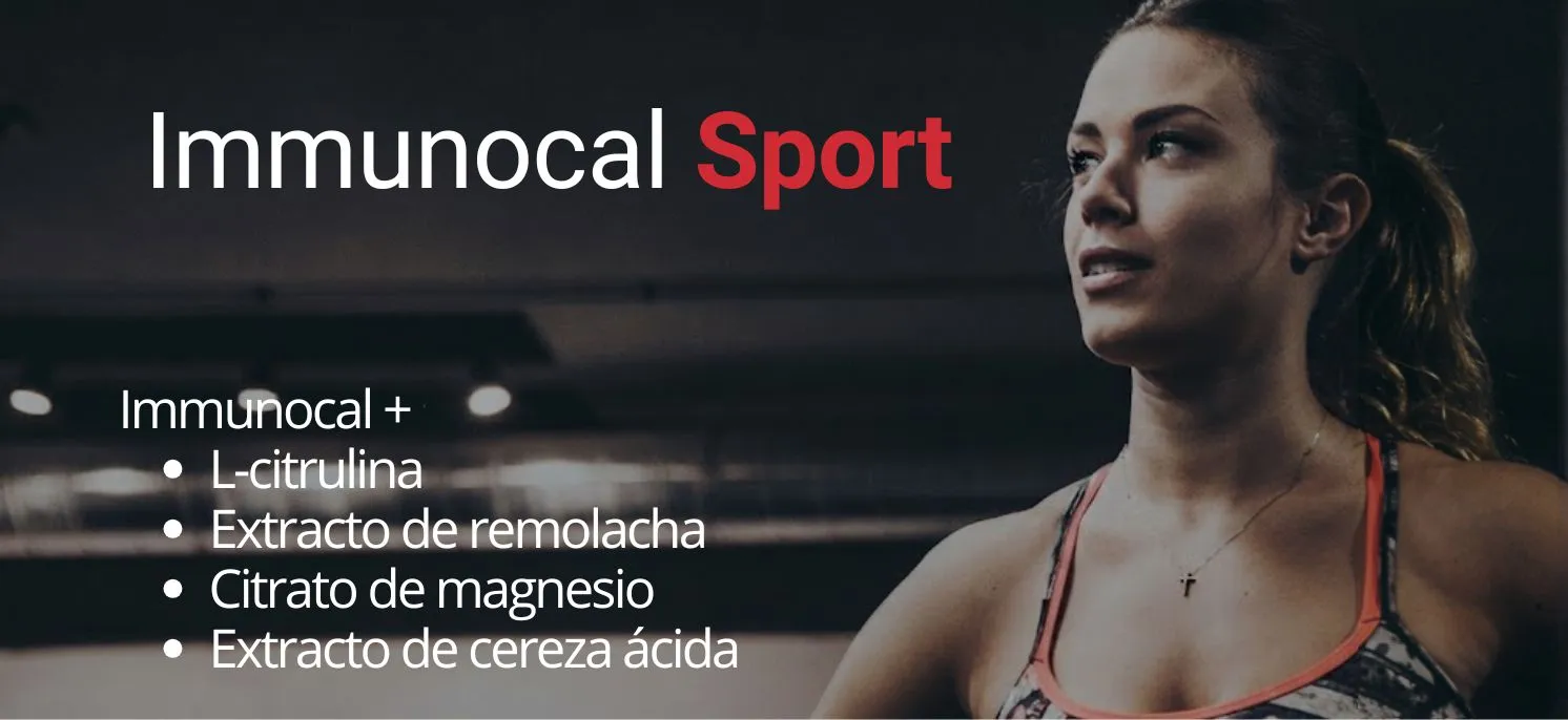 Deportista en un entorno de entrenamiento junto a información visual de Immunocal Sport e ingredientes